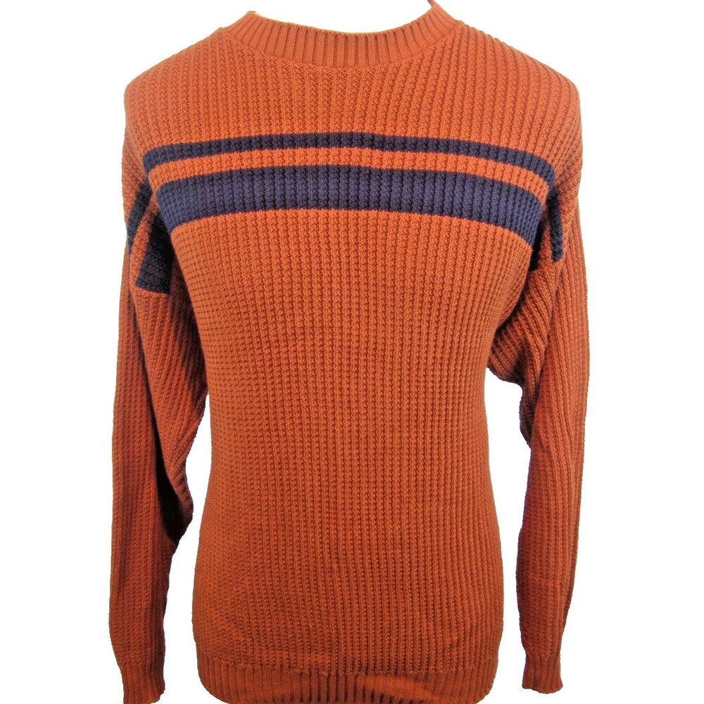 Mens Izod Rust Striped Rib Knit Crew Neck Cotton Pullover Sweater sz Lg